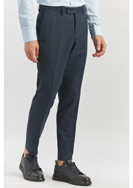 Koyu Lacivert Kendinden Desenli Bez Ayağı Slim Fit Classic Pantolon 1003240165
