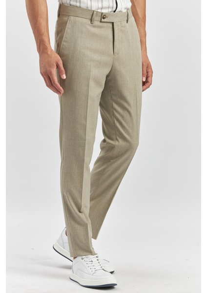 Bej Kendinden Desenli Bez Ayağı Slim Fit Classic Pantolon 1003240165