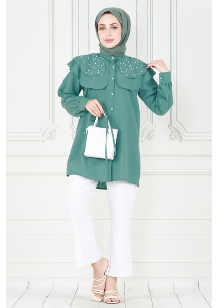 Pelerinli Incili Tunik-Mint Yeşili
