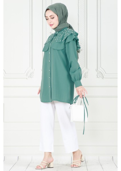 Pelerinli Incili Tunik-Mint Yeşili modelleri
