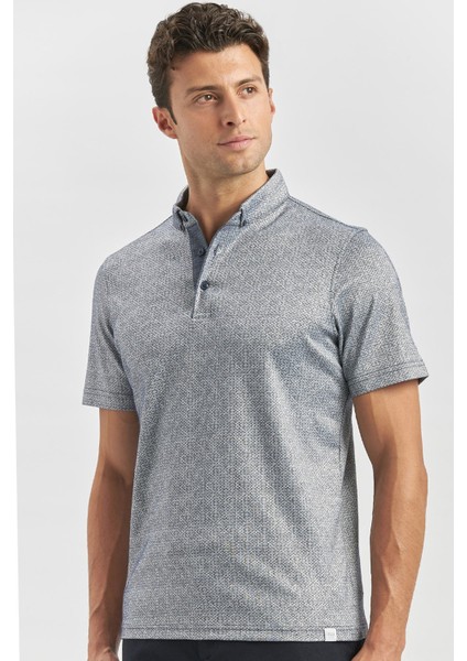 Koyu Lacivert Desenli Merserize Düğmeli Yaka Garnili Pamuklu Casual Slim Fit Dar Kesim Tişört 1011240164