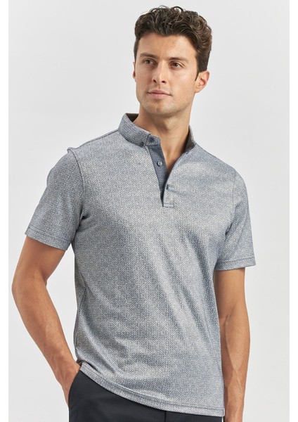 Koyu Lacivert Desenli Merserize Düğmeli Yaka Garnili Pamuklu Casual Slim Fit Dar Kesim Tişört 1011240164