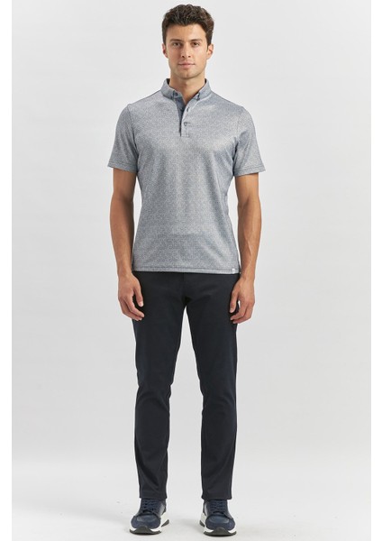 Koyu Lacivert Desenli Merserize Düğmeli Yaka Garnili Pamuklu Casual Slim Fit Dar Kesim Tişört 1011240164