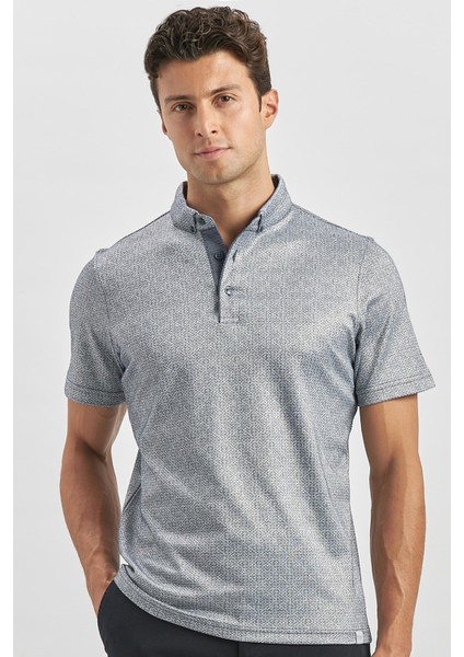 Koyu Lacivert Desenli Merserize Düğmeli Yaka Garnili Pamuklu Casual Slim Fit Dar Kesim Tişört 1011240164
