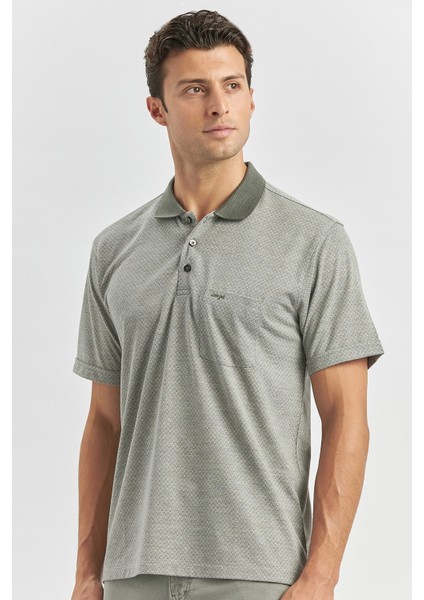 Yeşil Kısa Kol Kendinden Desenli Jakarlı Polo Yaka Classic Comfort Fit Tişört 1011240190