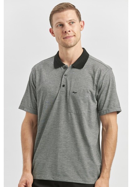 Siyah Kısa Kol Kendinden Desenli Jakarlı Polo Yaka Classic Comfort Fit Tişört 1011240190