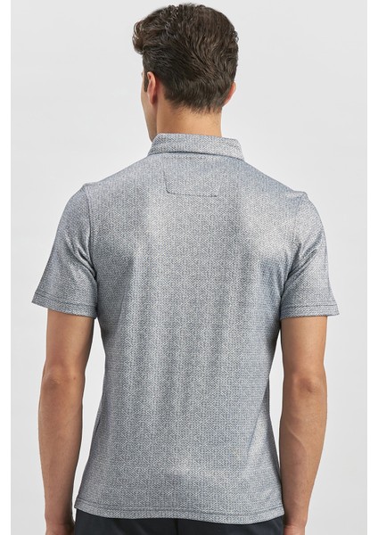 Koyu Lacivert Desenli Merserize Düğmeli Yaka Garnili Pamuklu Casual Slim Fit Dar Kesim Tişört 1011240164