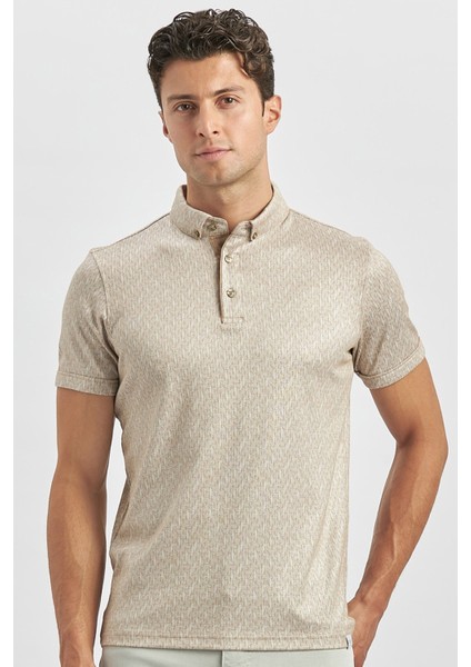 Bej Desenli Merserize Düğmeli Yaka Pamuklu Casual Slim Fit Dar Kesim Tişört 1011240163