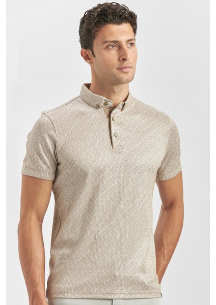 Bej Desenli Merserize Düğmeli Yaka Pamuklu Casual Slim Fit Dar Kesim Tişört 1011240163