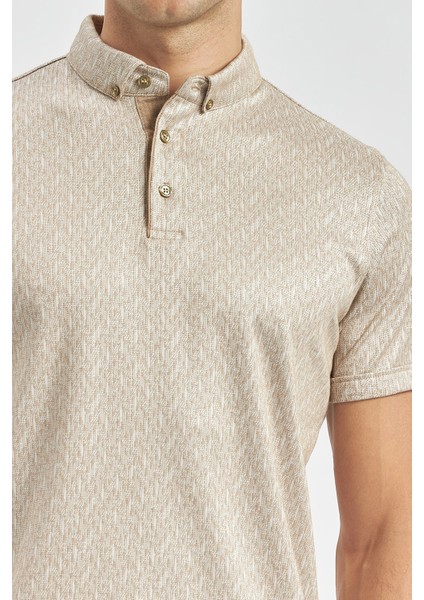 Bej Desenli Merserize Düğmeli Yaka Pamuklu Casual Slim Fit Dar Kesim Tişört 1011240163