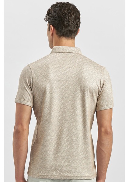 Bej Desenli Merserize Düğmeli Yaka Pamuklu Casual Slim Fit Dar Kesim Tişört 1011240163