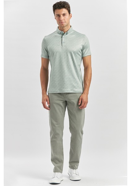 Koyu Yeşil Desenli Merserize Düğmeli Yaka Pamuklu Casual Slim Fit Dar Kesim Tişört 1011240163 modelleri