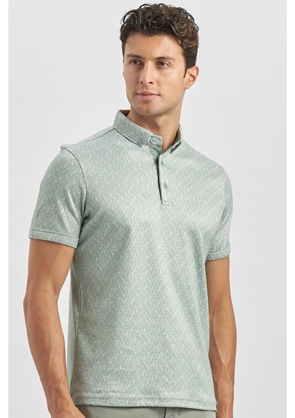 Koyu Yeşil Desenli Merserize Düğmeli Yaka Pamuklu Casual Slim Fit Dar Kesim Tişört 1011240163 fırsatları