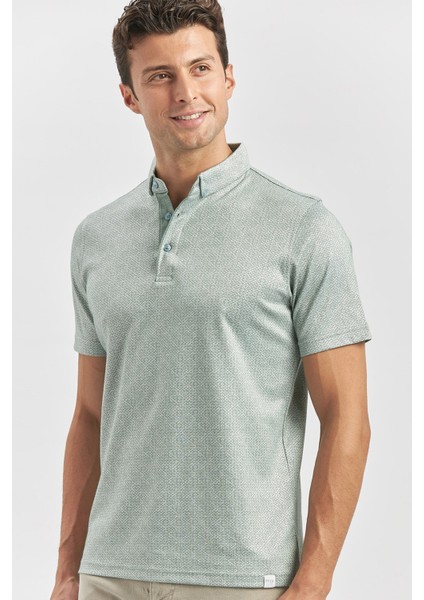 Koyu Yeşil Desenli Merserize Düğmeli Yaka Garnili Pamuklu Casual Slim Fit Dar Kesim Tişört 1011240164