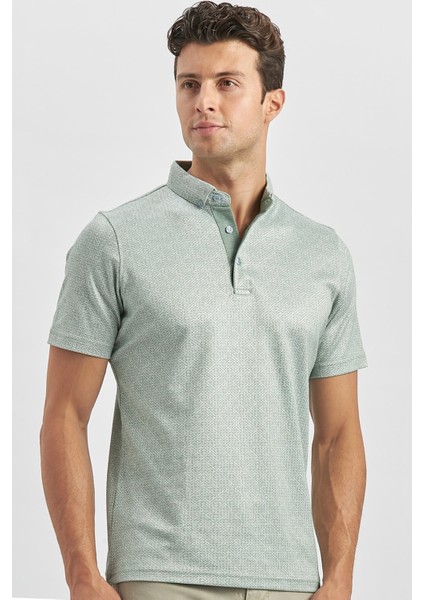 Koyu Yeşil Desenli Merserize Düğmeli Yaka Garnili Pamuklu Casual Slim Fit Dar Kesim Tişört 1011240164 fırsatları