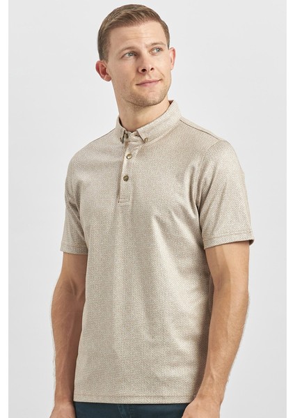 Bej Desenli Merserize Düğmeli Yaka Garnili Pamuklu Casual Slim Fit Dar Kesim Tişört 1011240164