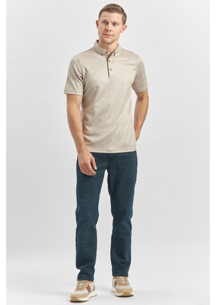 Bej Desenli Merserize Düğmeli Yaka Garnili Pamuklu Casual Slim Fit Dar Kesim Tişört 1011240164 fiyatları