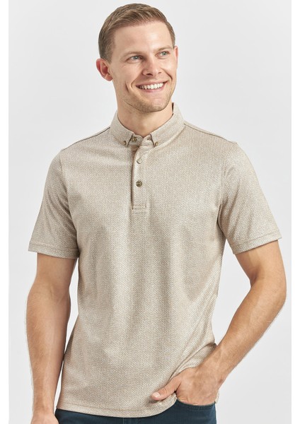 Bej Desenli Merserize Düğmeli Yaka Garnili Pamuklu Casual Slim Fit Dar Kesim Tişört 1011240164 modelleri