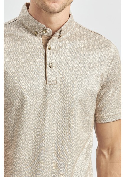 Bej Desenli Merserize Düğmeli Yaka Garnili Pamuklu Casual Slim Fit Dar Kesim Tişört 1011240164 fırsatları
