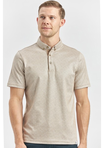 Bej Desenli Merserize Düğmeli Yaka Garnili Pamuklu Casual Slim Fit Dar Kesim Tişört 1011240164 indirimleri