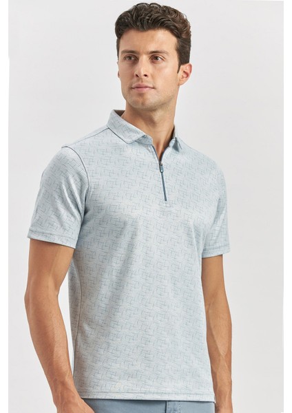 Koyu Mavi Desenli Merserize Polo Yaka Pamuklu Casual Slim Fit Dar Kesim Tişört 1011240159