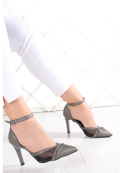Kaylee Antrasit Saten Fileli Taşlı Stiletto