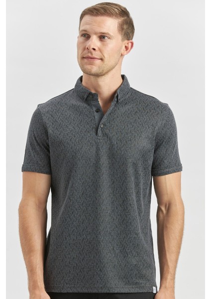 Siyah Desenli Merserize Düğmeli Yaka Pamuklu Casual Slim Fit Dar Kesim Tişört 1011240163
