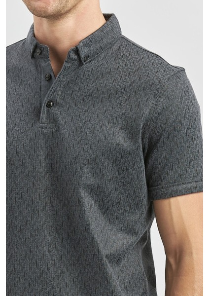Siyah Desenli Merserize Düğmeli Yaka Pamuklu Casual Slim Fit Dar Kesim Tişört 1011240163