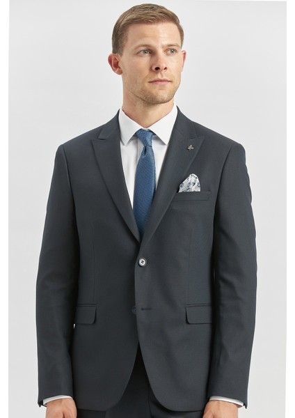 Koyu Lacivert Desenli Armürlü Kırlangıç Yaka Likralı 6 Drop Slim Fit Takım Elbise 1001240172
