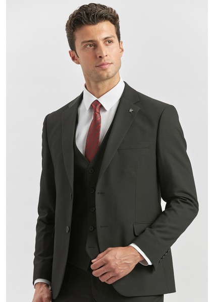 Siyah Desenli Armürlü Mono Yaka Yelekli Likralı 6 Drop Slim Fit Takım Elbise 1001240180