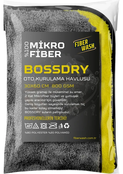 Bossdry Biyeli Çift Kat Süper Emici Mikrofiber Araç Kurulama Havlusu 30X60 cm 800GR/M2 Sarı-Gri