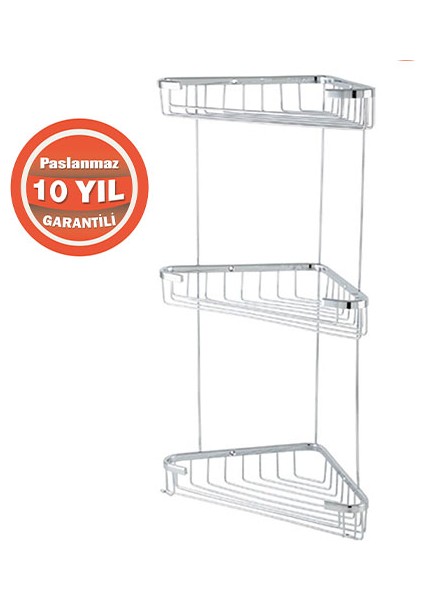 Paslanmaz Pirinç Eda 3'lü 18X18 cm Şampuanlık Banyo Rafı