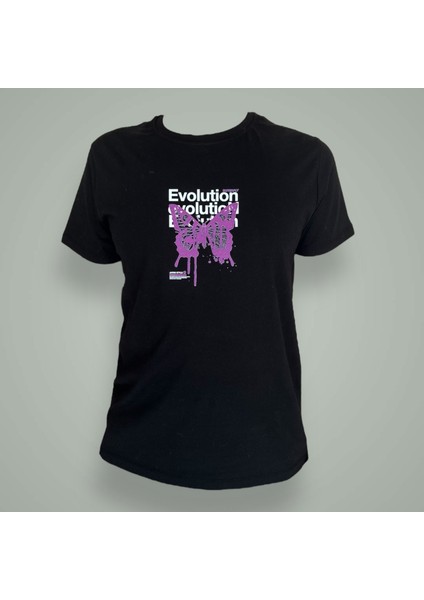Evolution Yazılı Kelebek Baskılı 100% Pamuk Ön Baskılı Basic Oversize T-Shirt