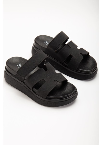 24422-HERMES Siyah Dolgu Topuk Kadın Sandalet modelleri