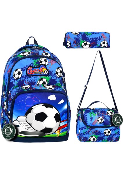 Futbol Topu Desenli Üçlü Erkek Çocuk Ilkokul Okul Çantası (Çanta+Termal Beslenme Çantası+Kalemlik)