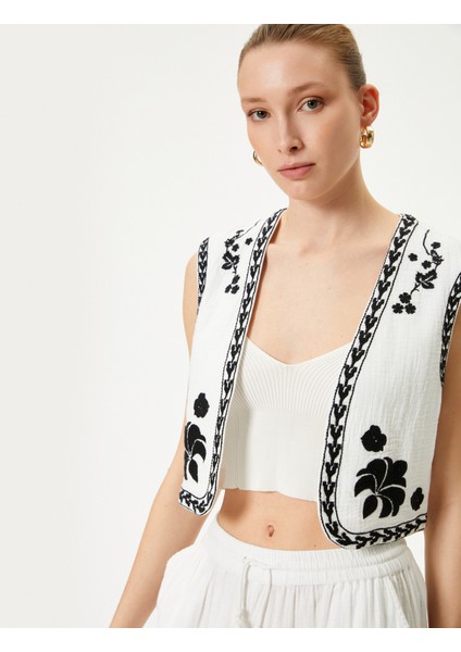 Crop Yelek Nakış Detaylı Pamuklu