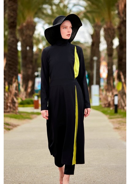 Tam Kapalı Tesettür Mayo Polyester Desenli Yazlık Kadın M 4 Parça Siyah