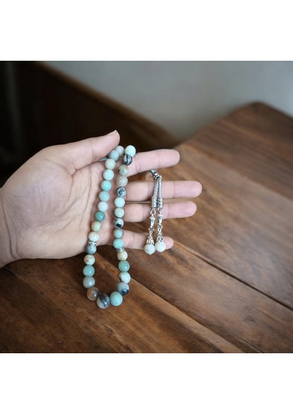 Amazonit Tesbih 33'lük Tesbih Amazonit Taşı Tesbih Sertifikalı Özel Mdf Kutusunda 10 mm modelleri