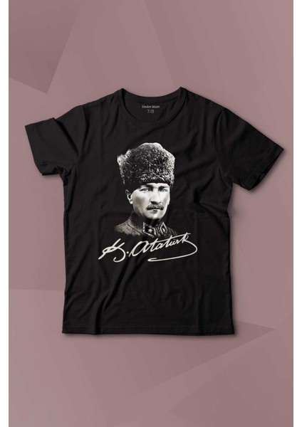 Atatürk Gazi Mustafa Kemal Kalpaklı Baskılı Çocuk Tişört Kısa Kollu