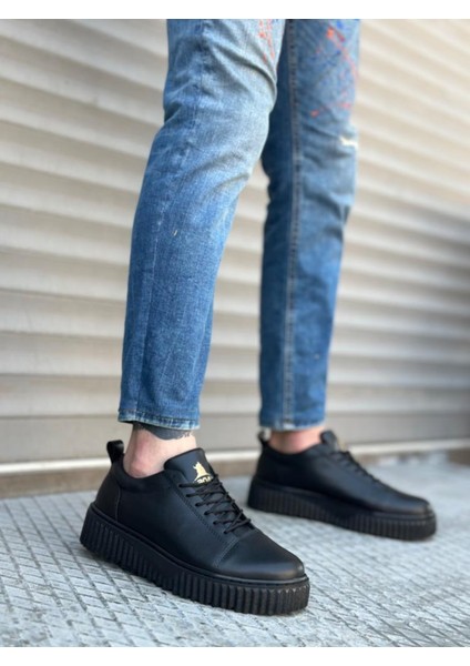 Ba8104 Boa Yüksek Siyah Taban Siyah Cilt Bağcıklı Erkek Ayakkabı