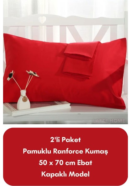 Latte Tekstil Kırmızı Renkli Ranforce Pamuklu Kumaş Kapaklı Yastık Kılıfı 2'li Paket 50X70 cm