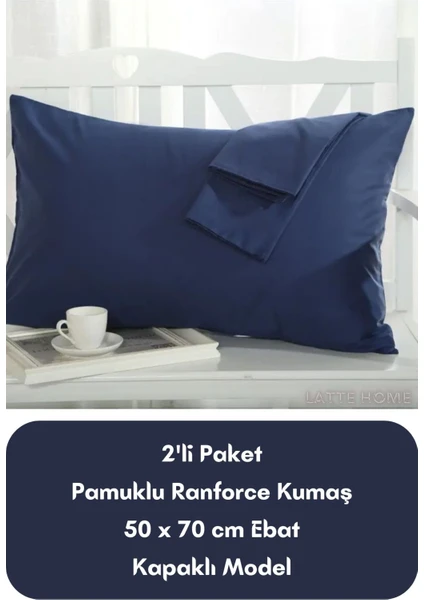 Latte Tekstil Lacivert Renkli Ranforce Pamuklu Kumaş Kapaklı Yastık Kılıfı 2'li Paket 50X70 cm