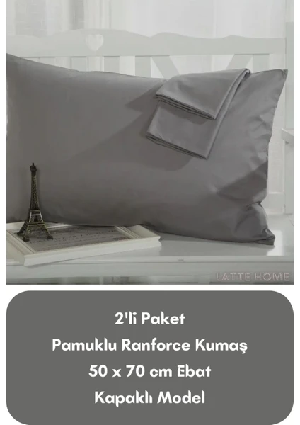 Latte Tekstil Antrasit Renkli Ranforce Pamuklu Kumaş Kapaklı Yastık Kılıfı 2'li Paket 50X70 cm