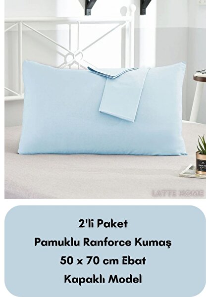 Latte Tekstil Açık Mavi Renkli Ranforce Pamuklu Kumaş Kapaklı Yastık Kılıfı 2'li Paket 50X70 cm