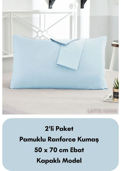 Latte Tekstil Açık Mavi Renkli Ranforce Pamuklu Kumaş Kapaklı Yastık Kılıfı 2'li Paket 50X70 cm