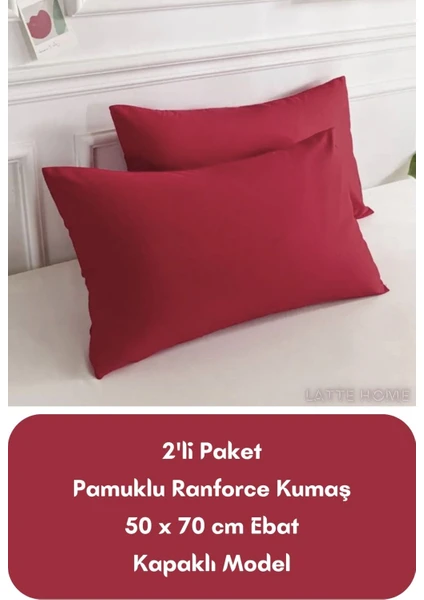 Latte Tekstil Bordo Renkli Ranforce Pamuklu Kumaş Kapaklı Yastık Kılıfı 2'li Paket 50X70 cm