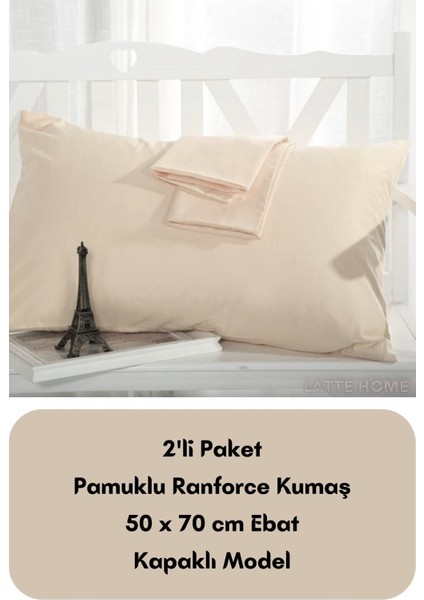 Krem Renkli Ranforce Pamuklu Kumaş Kapaklı Yastık Kılıfı 2'li Paket 50X70 cm