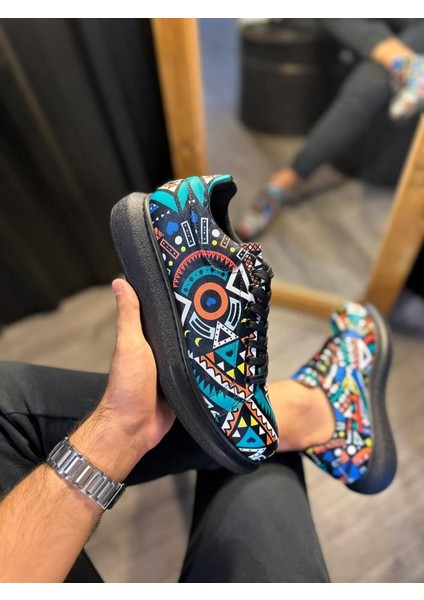 Knack Yüksek Taban Renkli Baskılı Günlük Ayakkabı 046 Siyah (Siyah Taban) fiyatları