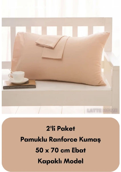 Latte Tekstil Bej Renkli Ranforce Pamuklu Kumaş Kapaklı Yastık Kılıfı 2'li Paket 50X70 cm