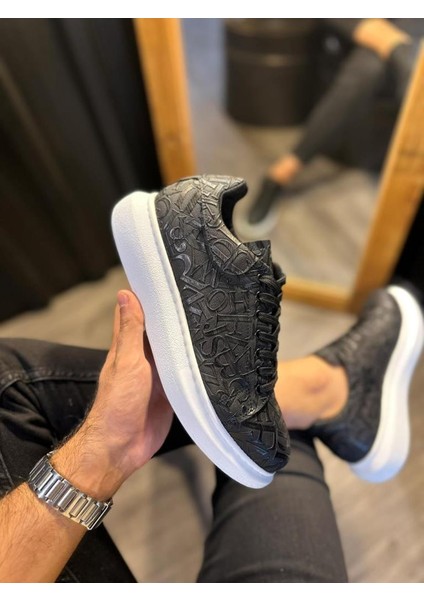 Knack Yüksek Taban Harf Desenli Günlük Ayakkabı 047 Siyah (Beyaz Taban)